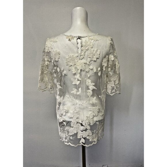 Pol Blouse Womens Small Ivory Sheer Embroidered Shirt Top Floral - Picture 4 of 13